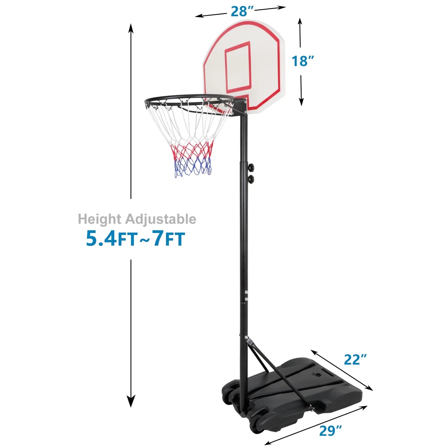 Portable Height Adjustable 4 -7 FT Basketball Hoop Basketball Stand W/ Wheels Black