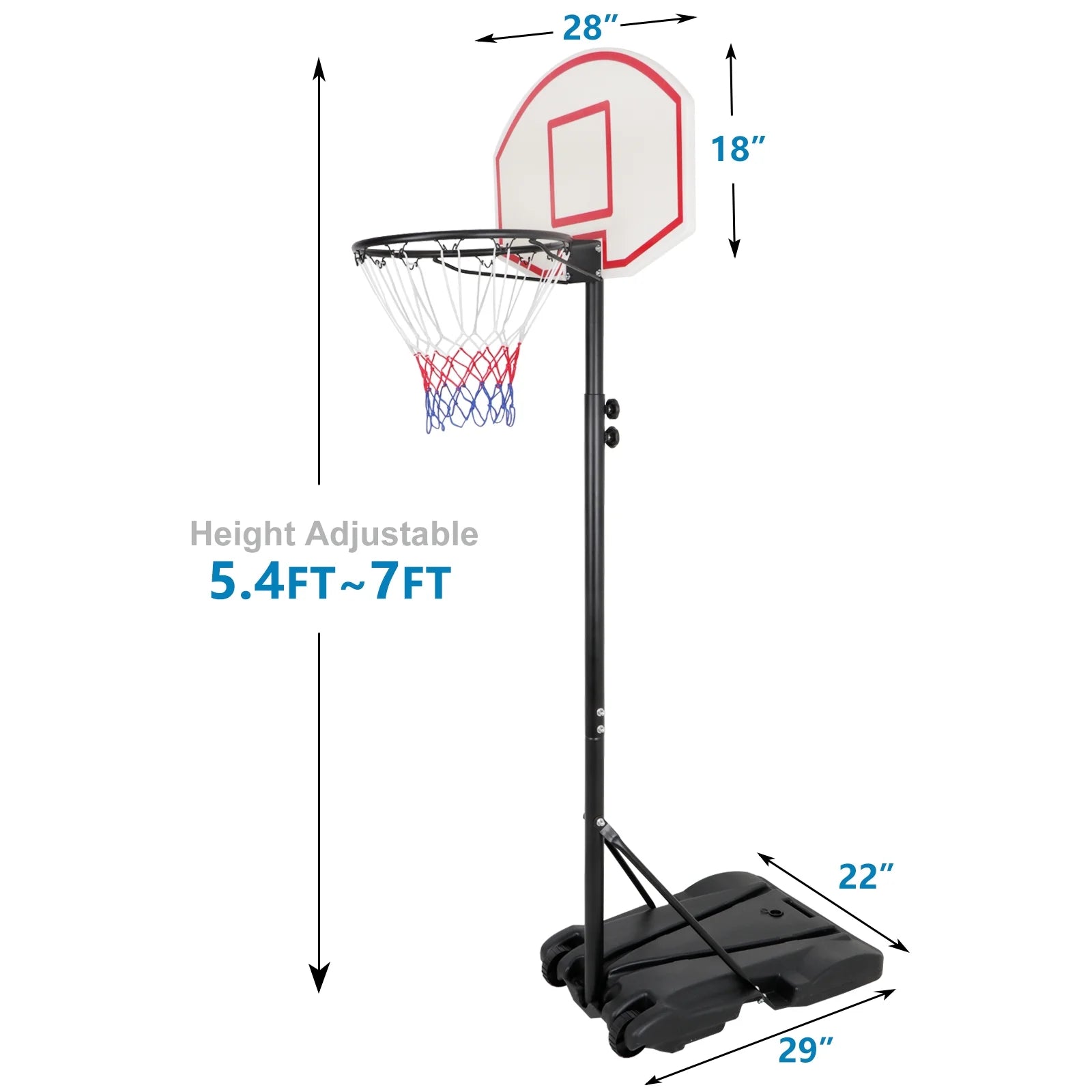 Portable Height Adjustable 4 -7 FT Basketball Hoop Basketball Stand W/ Wheels Black